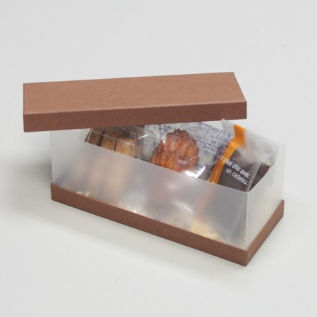 かぶせ蓋＆サイドクリア型贈り物用菓子箱(マドレーヌ・パイ他)茶-Mサイズ