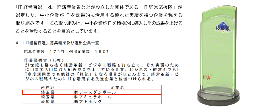 IT経営応援隊IT経営百選 「最優秀企業」認定