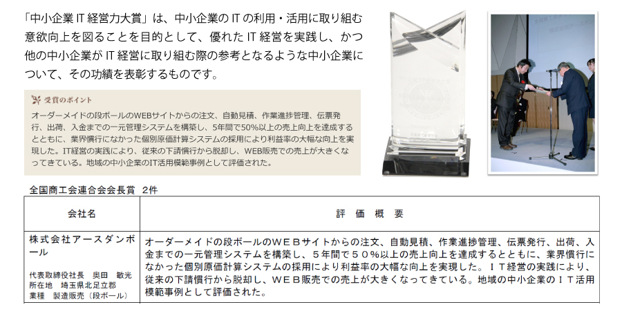 中小企業ＩＴ経営力大賞 「優秀賞」受賞