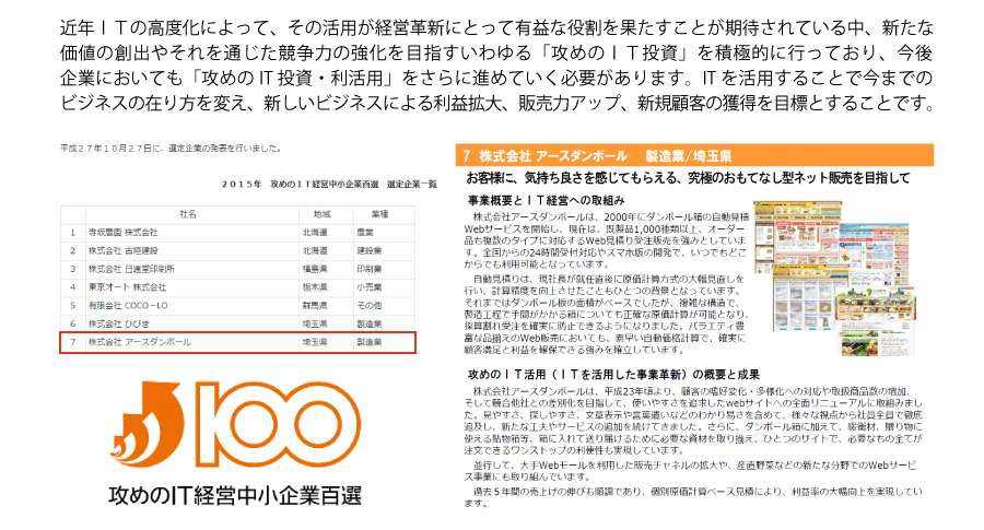 攻めのＩＴ経営中小企業百選 受賞