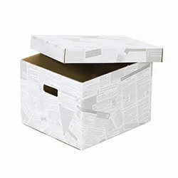 ダンボール製収納ボックス(白)おしゃれな英字新聞風印刷入り箱｜英語
