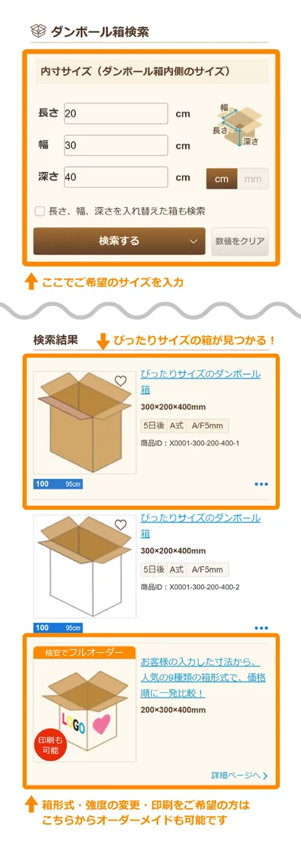 ダンボール箱検索ページの「内寸サイズ」にご希望のサイズをご入力いいただくと、「検索結果」で「ぴったりサイズのダンボール箱」が見つかります!